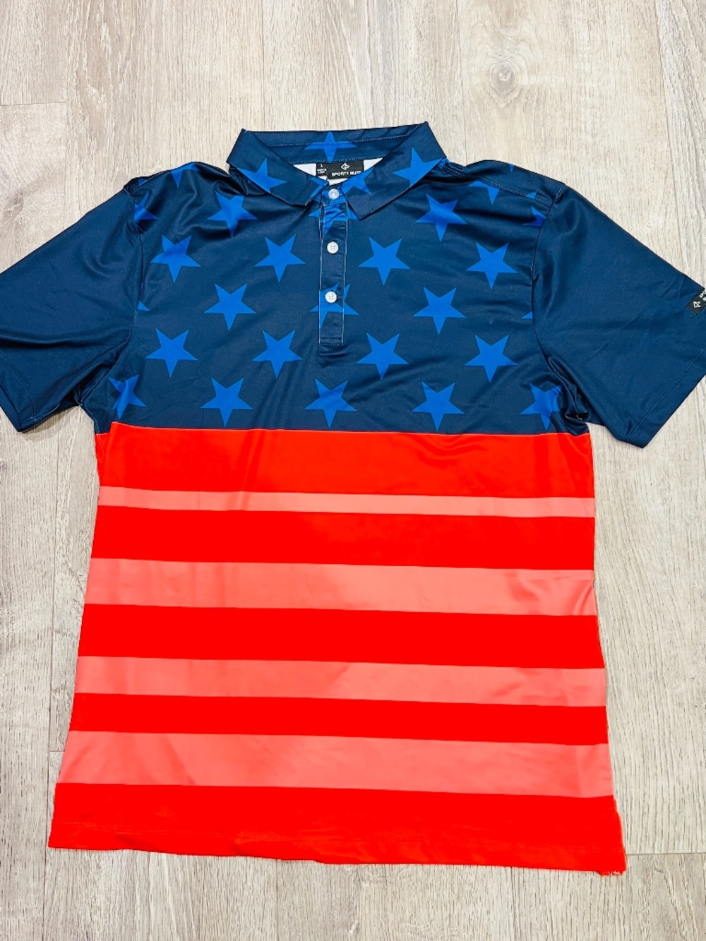 Men’s Golf Polo shirt Stars stripes American USA Flag L Performance UPF 40+ NWT